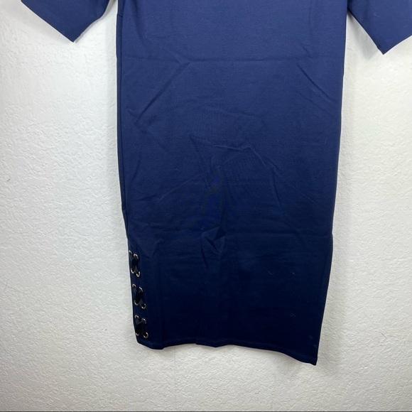 LAUREN Ralph Lauren High Neck Short Sleeve Blue Midi Dress - Picture 6 of 8